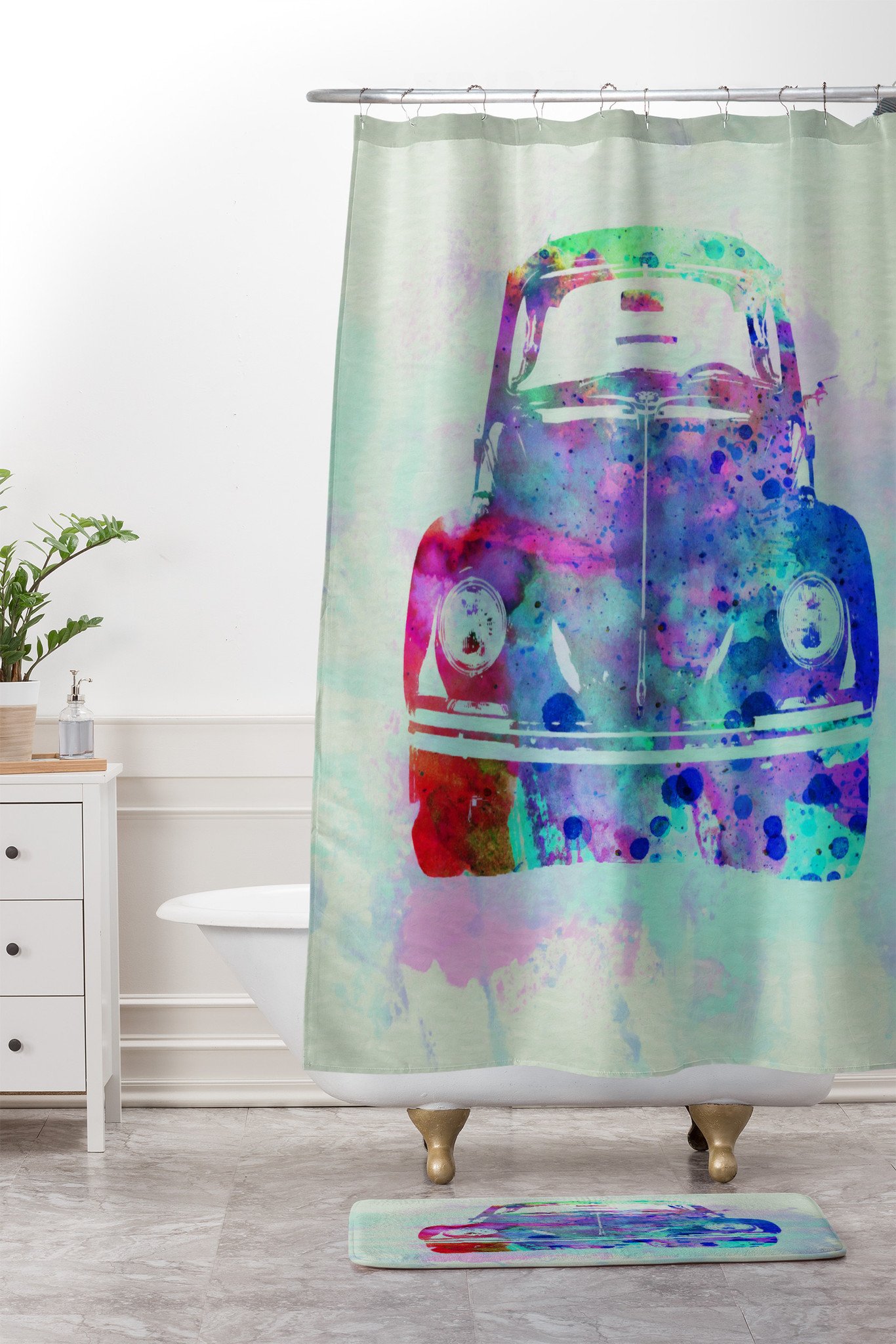 1366x2048 Vw Beetle Watercolor 2 Shower Curtain And Mat Naxart