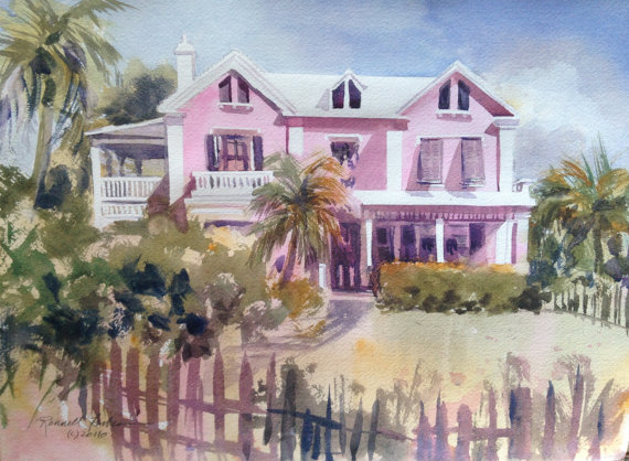 570x418 Bermuda Watercolor Pink House Original Art
