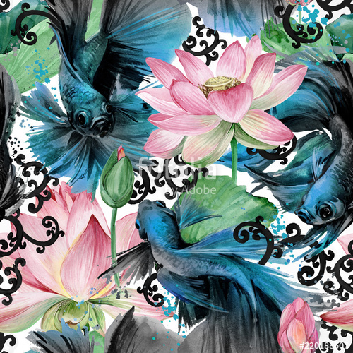500x500 Asian Style Seamless Pattern With Betta Fish. Watercolor Nature