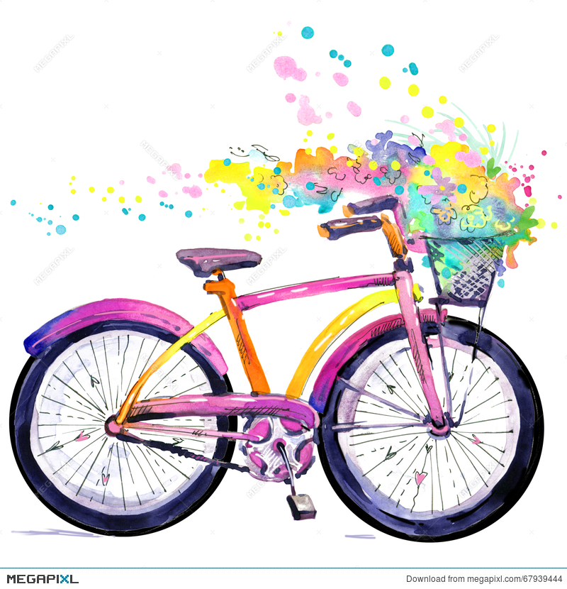 800x830 Bicycle. Watercolor Bicycle And Flower Background. Hello Spring