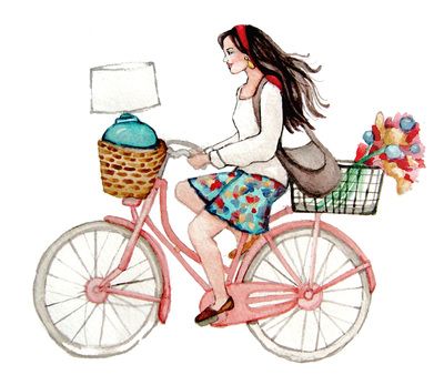400x338 Lady Poppins Girl On Bicycle Watercolor Painting For Chihouse