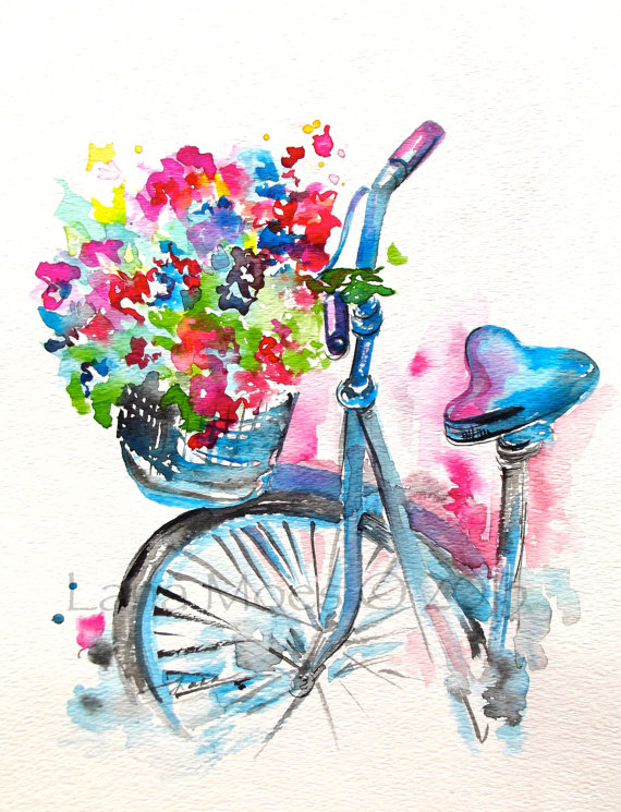 570x745 Original Watercolor Summer In Paris Illustration, Bicycle Art