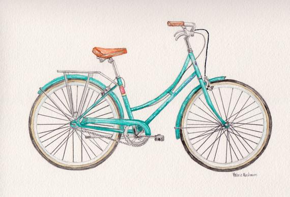 570x388 Bicycle Watercolor Print Blue Bike Painting Vintage Bicycle Etsy