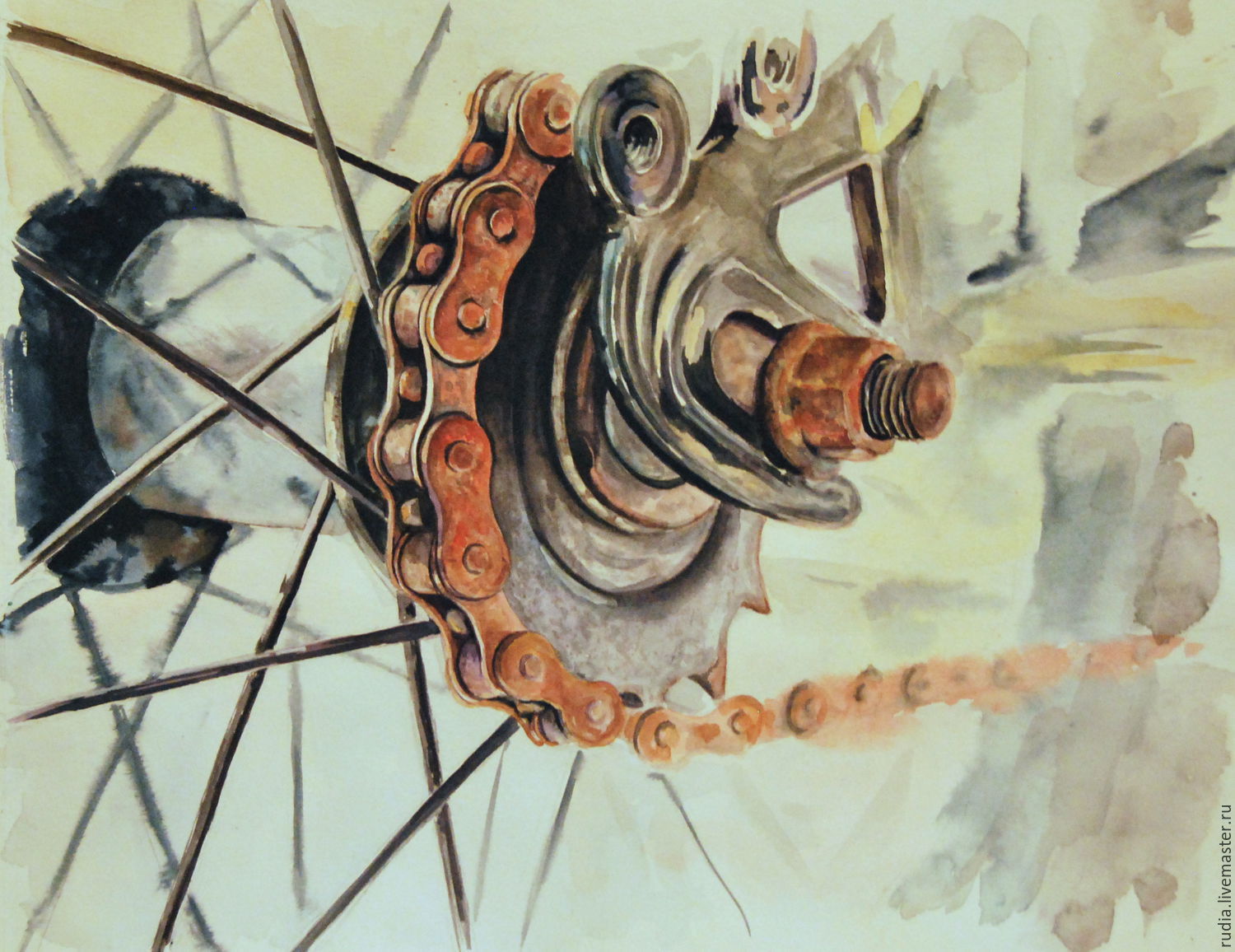 1500x1156 Rusty Bicycle Chain Watercolor Watercolor Painting Retro Bike