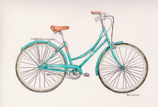 642x437 Bicycle Watercolor Print Blue Bike Painting Vintage Bicycle Etsy