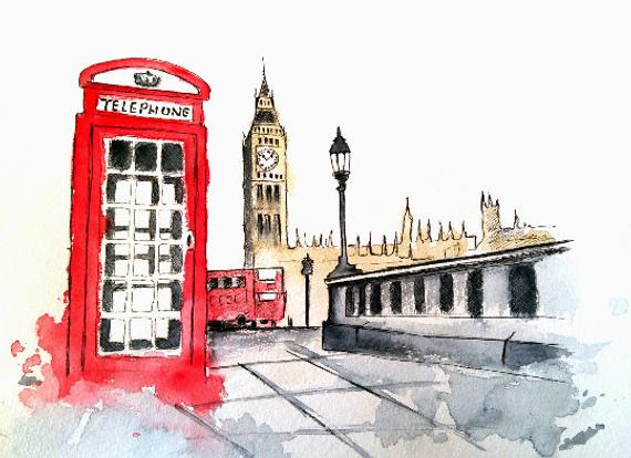 570x414 Big Ben Art Original Watercolor London Illustration Etsy