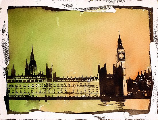 550x416 Big Ben Watercolor Painting London, England Posters By Rfoxphoto