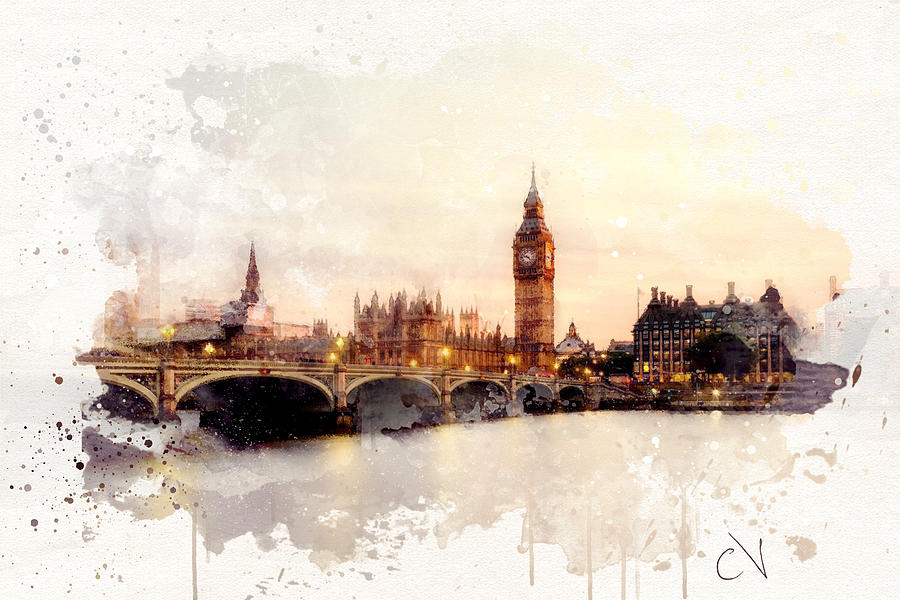 900x600 England London Big Ben Watercolor Digital Art By Carlos V