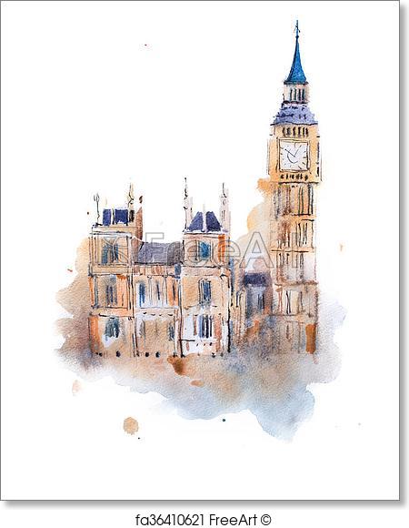 450x580 Free Art Print Of Watercolor Drawing Westminster Palace In London