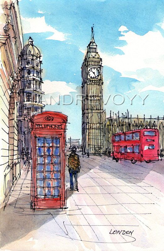 522x800 London Bridge Street Big Ben Art Print From An Original Watercolor