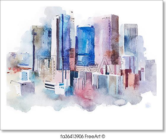 560x470 Free Art Print Of Watercolor Drawing Cityscape Big City Downtown