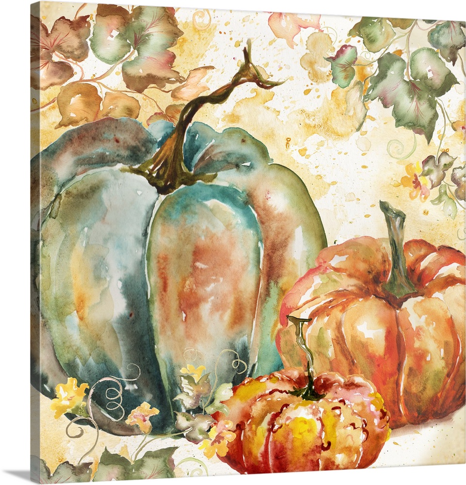 961x1000 Watercolor Harvest Teal And Orange Pumpkins I Wall Art, Canvas
