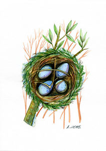 211x300 Scarlet Robin Nest, Eggs, Bird, Watercolor Original Painting Art