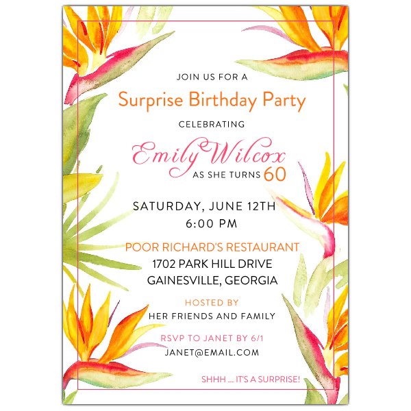 600x600 Tropical Watercolor Floral Birthday Party Invitations Paperstyle