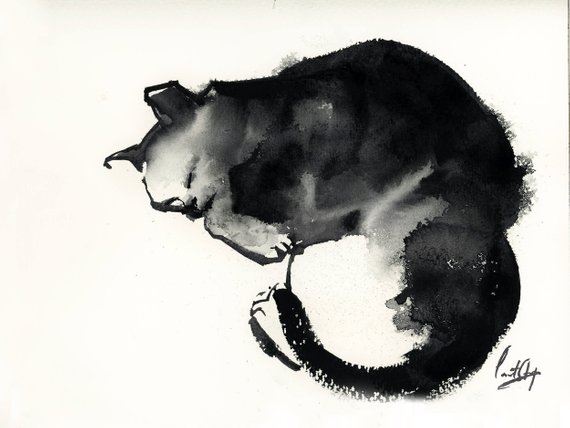 570x428 Cat Minimalist Black And White Watercolor Painting Original Etsy