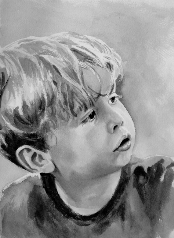 570x778 Custom Watercolor Portrait Single Subject Black And White Etsy