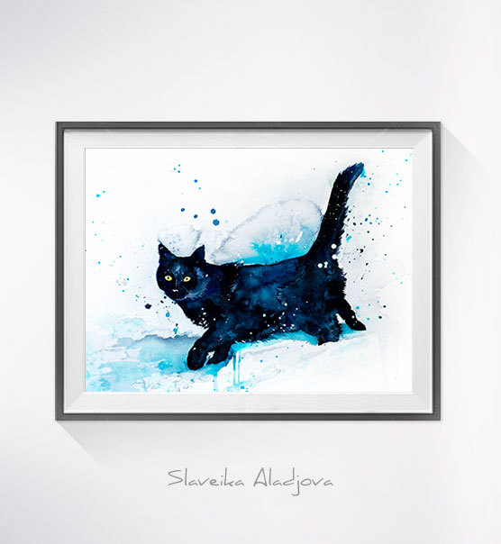 556x604 Black Cat Watercolor Painting Print