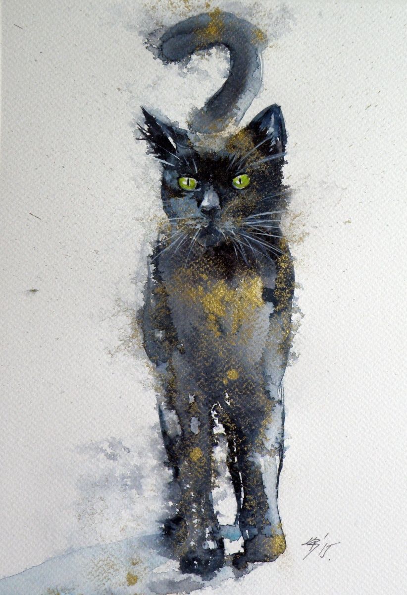 822x1200 Black Cat In Gold Ii, Watercolour Painting By Anna Brigitta