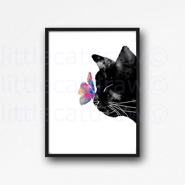 750x750 Buy Black Cat With A Butterfly Watercolor Painting Print