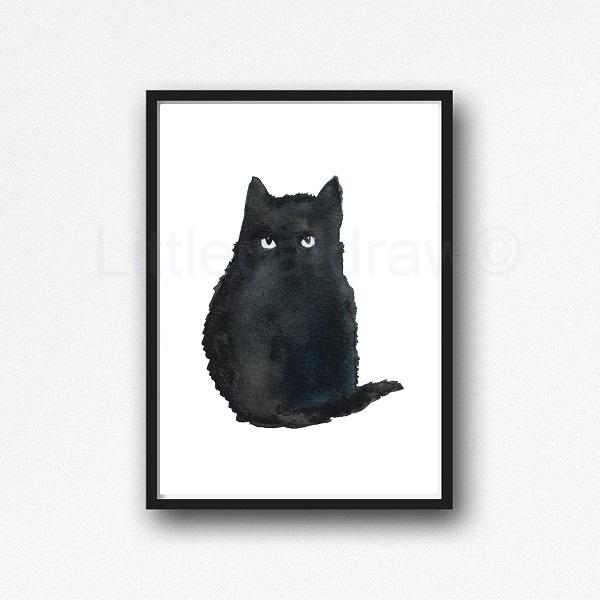 600x600 Buy Little Black Cat Watercolor Painting Print Watercolour Wall