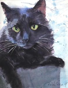 233x300 Giclee Print Black Cat Art Watercolor Painting Splash Pet Portrait