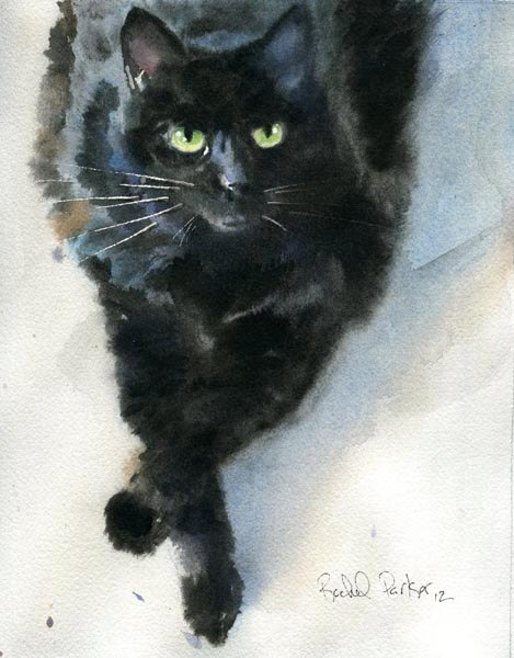 469x600 Black Cat Art Original Watercolor Painting Pet Portrait 4