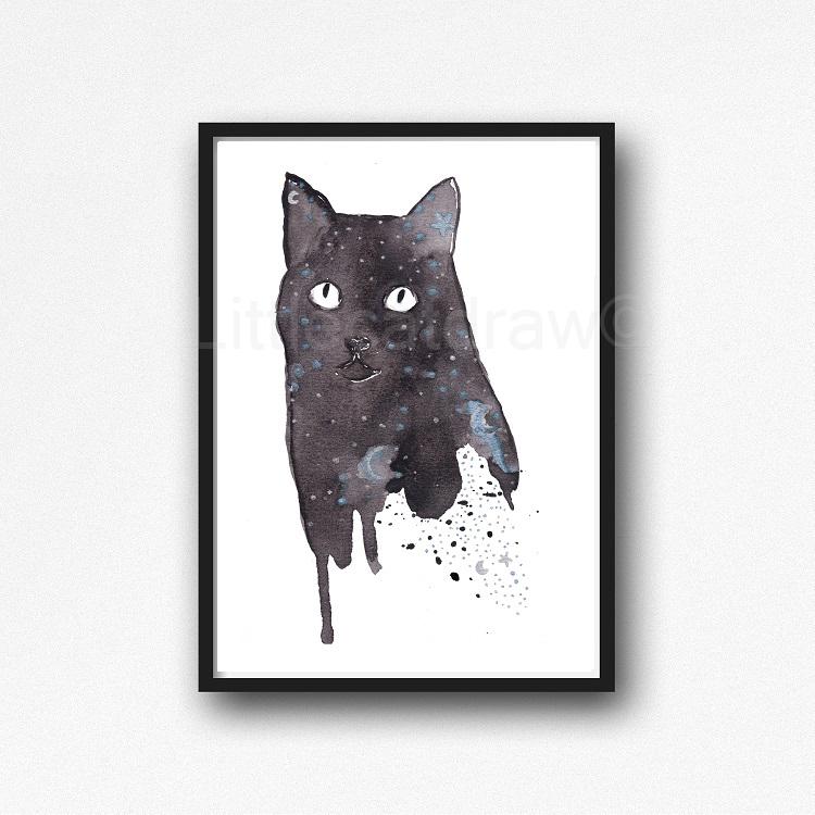 750x750 Buy Black Cat The Stars And The Moon Watercolor Painting Print