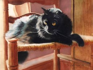 300x225 Giclee Print Of My Watercolor Painting Black Cat Art Throne Pet