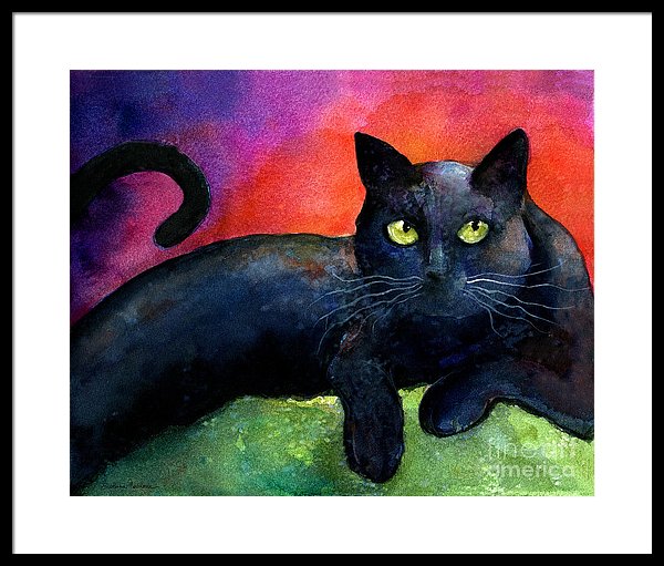 600x511 Vibrant Black Cat Watercolor Painting Framed Print By Svetlana