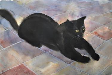 375x250 Black Cat On The Tile Floor Painting By Alexander Vinogradov