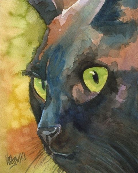 480x600 Black Cat Art Print Of Original Watercolor By Dogartstudio On Etsy