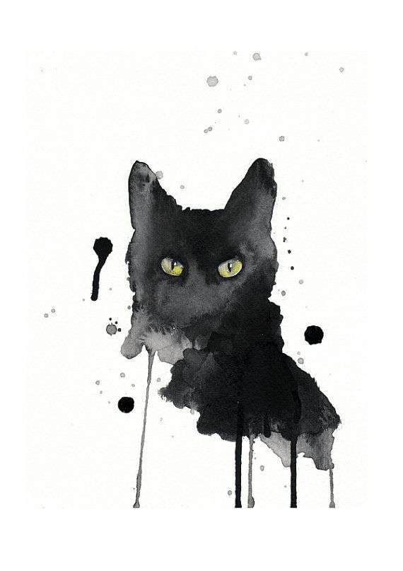 570x807 Black Cat Watercolor Painting Print A4 Art
