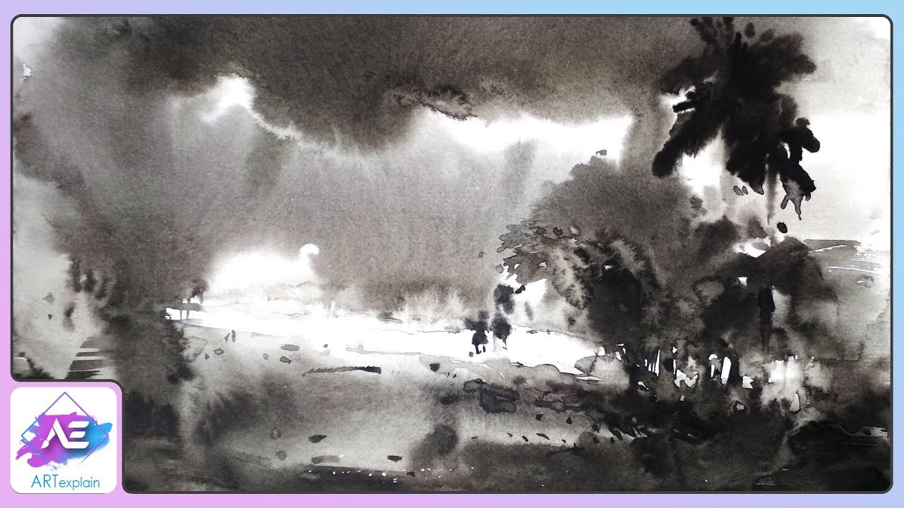 1280x720 Black And White Watercolor Painting Landscape Tutorial Art
