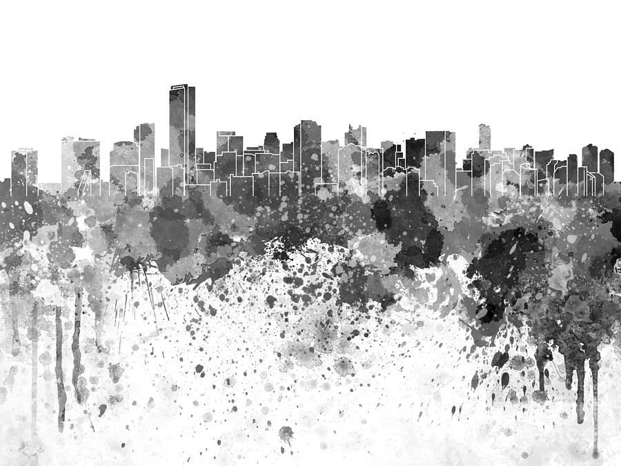 900x675 Miami Skyline In Black Watercolor On White Background Painting By