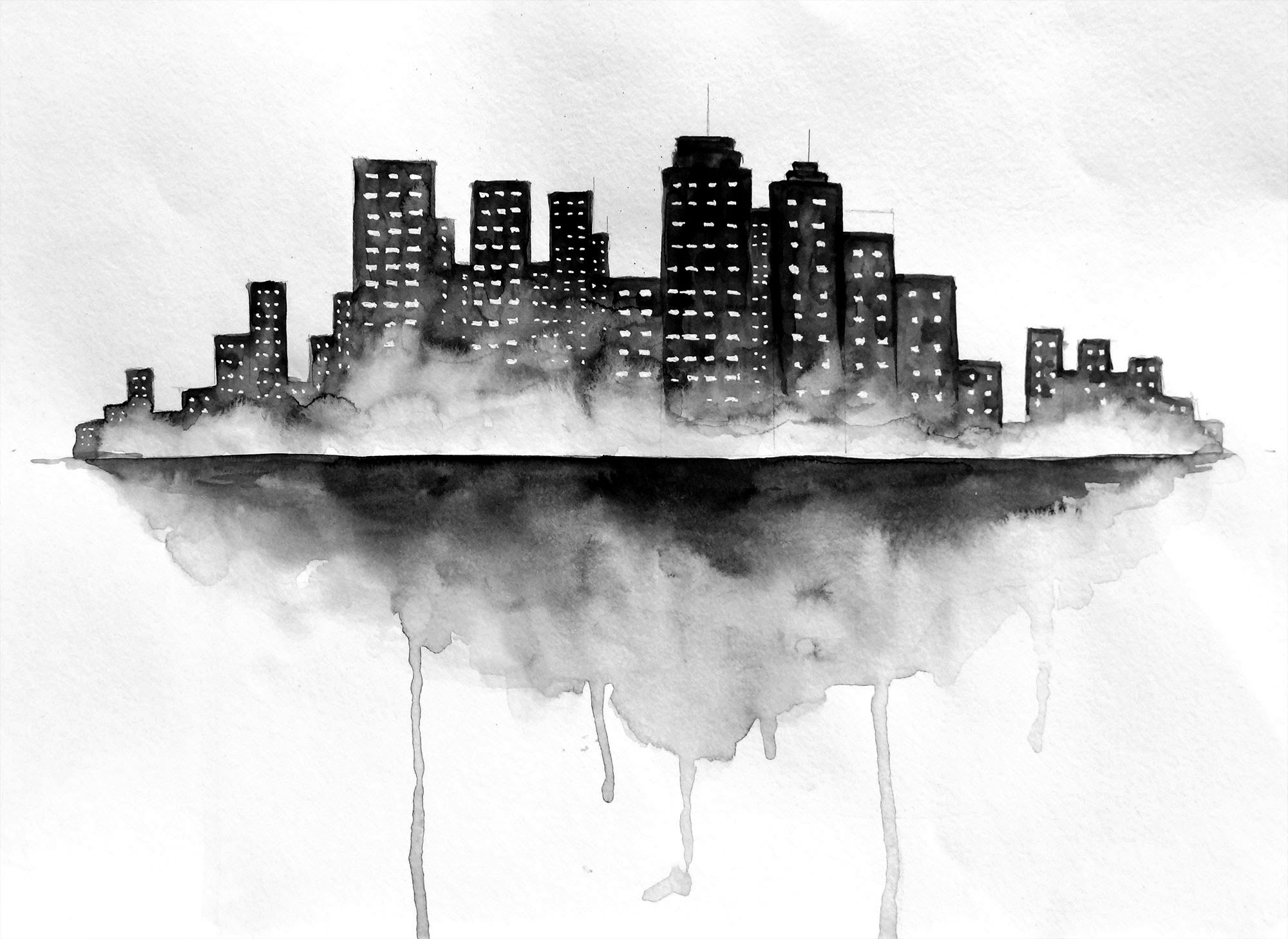 2000x1458 Black And White Watercolour Paintings City Skyline Watercolor