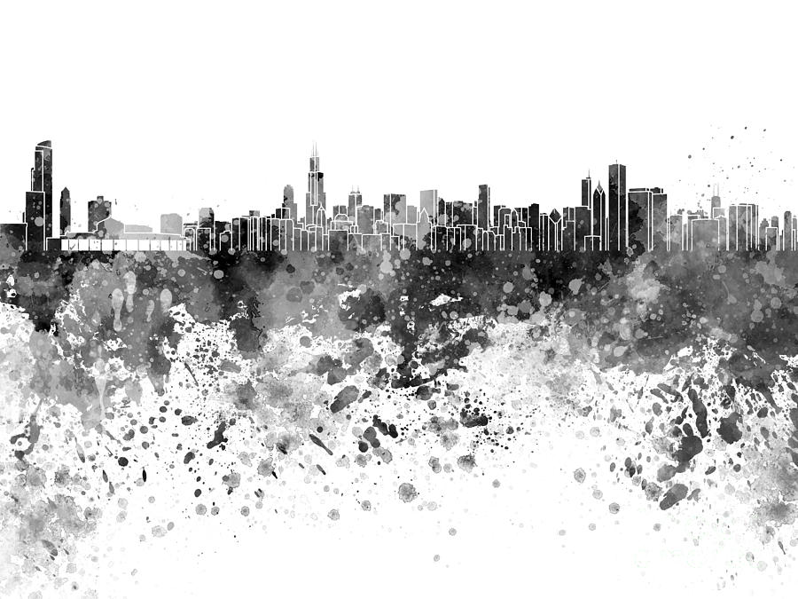 900x675 Chicago Skyline In Black Watercolor On White Background Painting