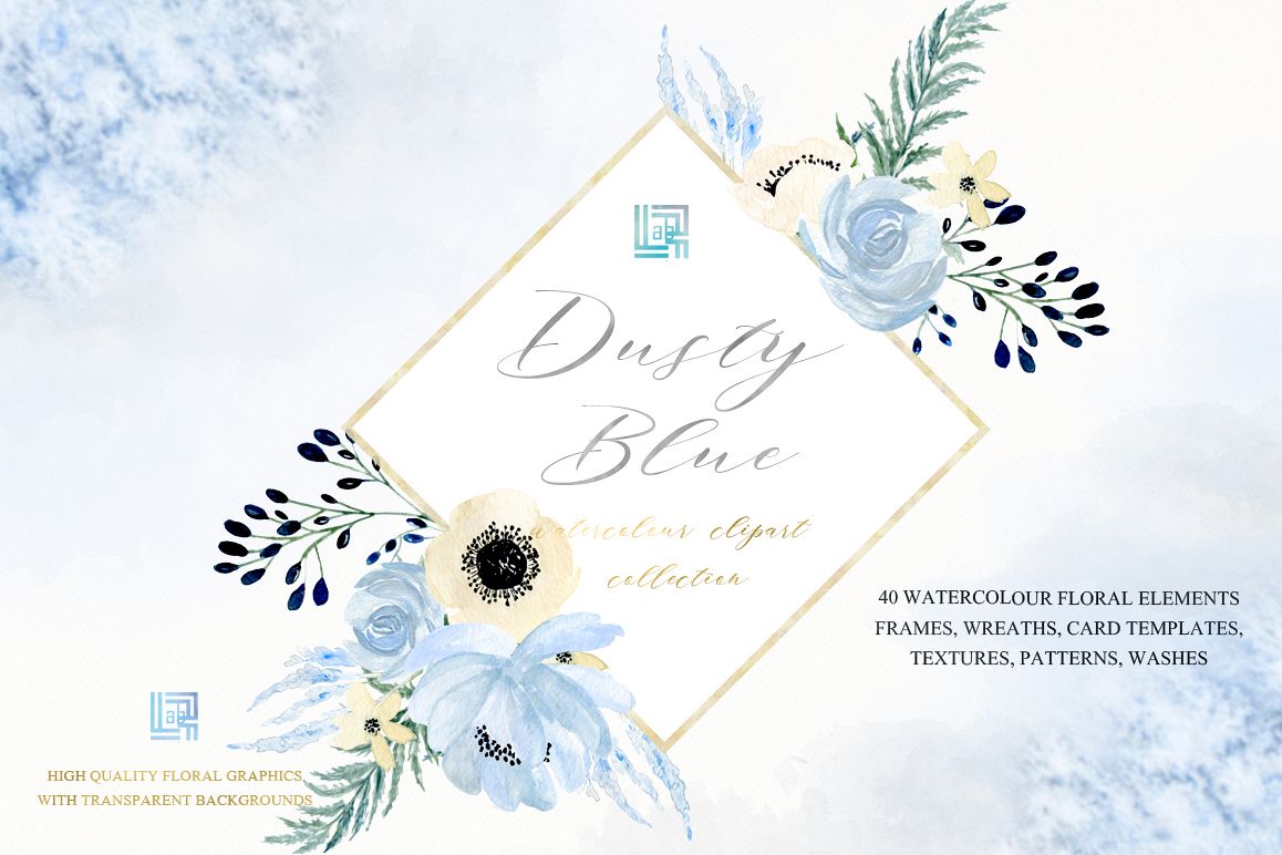 1158x772 Dusty Blue And Gold Watercolour Flowers Digital Clipart Hand Drawn