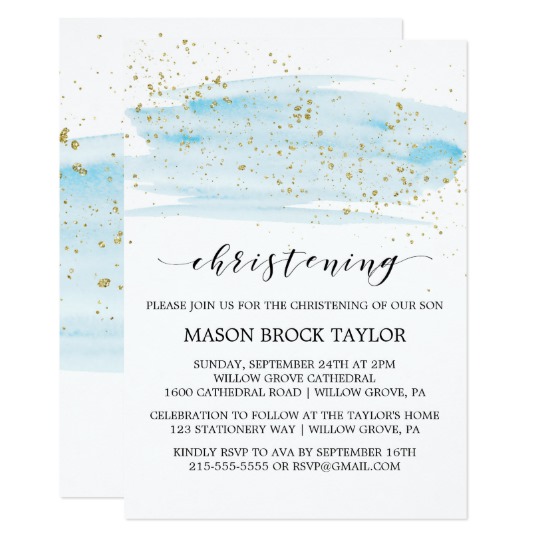 540x540 Watercolor Blue Amp Gold Sparkle Christening Invitation