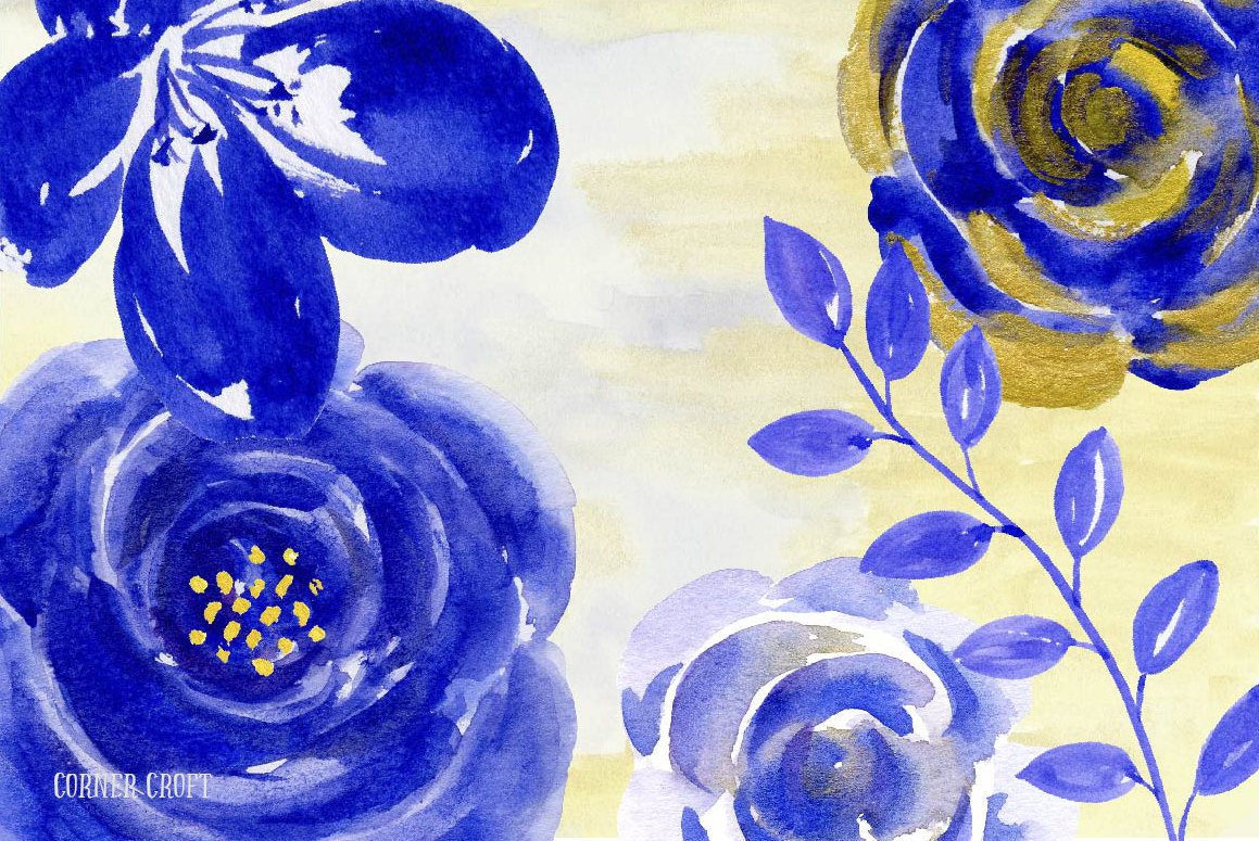1159x775 Blue Gold Clipart, Watercolor Clipart Blue And Gold Roses, Flowers