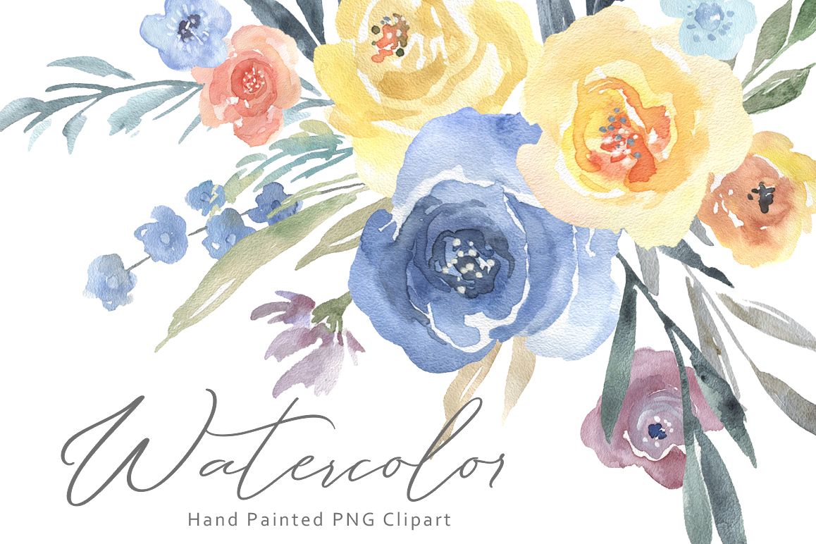 1158x772 Watercolor Blue Yellow Flowers Bouquets Png