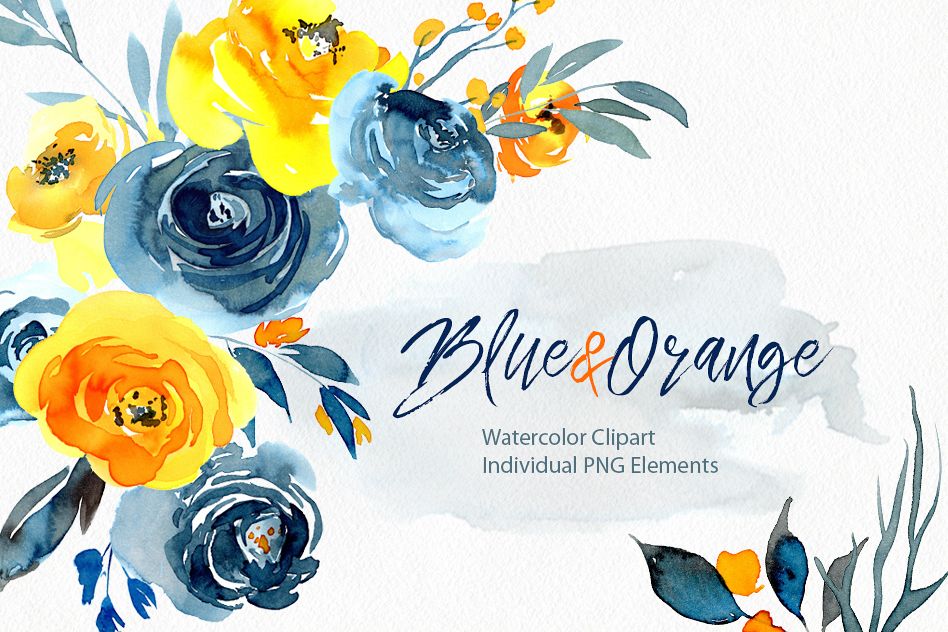 948x632 Watercolor Blue Orange Yellow Flowers Png