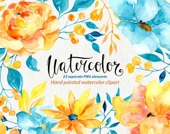 570x452 Watercolor Floral Clipart 23 Blue Yellow Brown Flowers Etsy