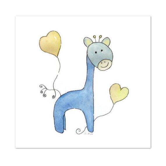 570x572 Giraffe Nursery Art, Original Watercolor Painting, Baby Boy, Blue