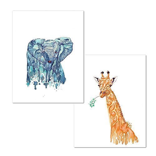500x500 Blue Elephant And Orange Giraffe Watercolor Art Prints