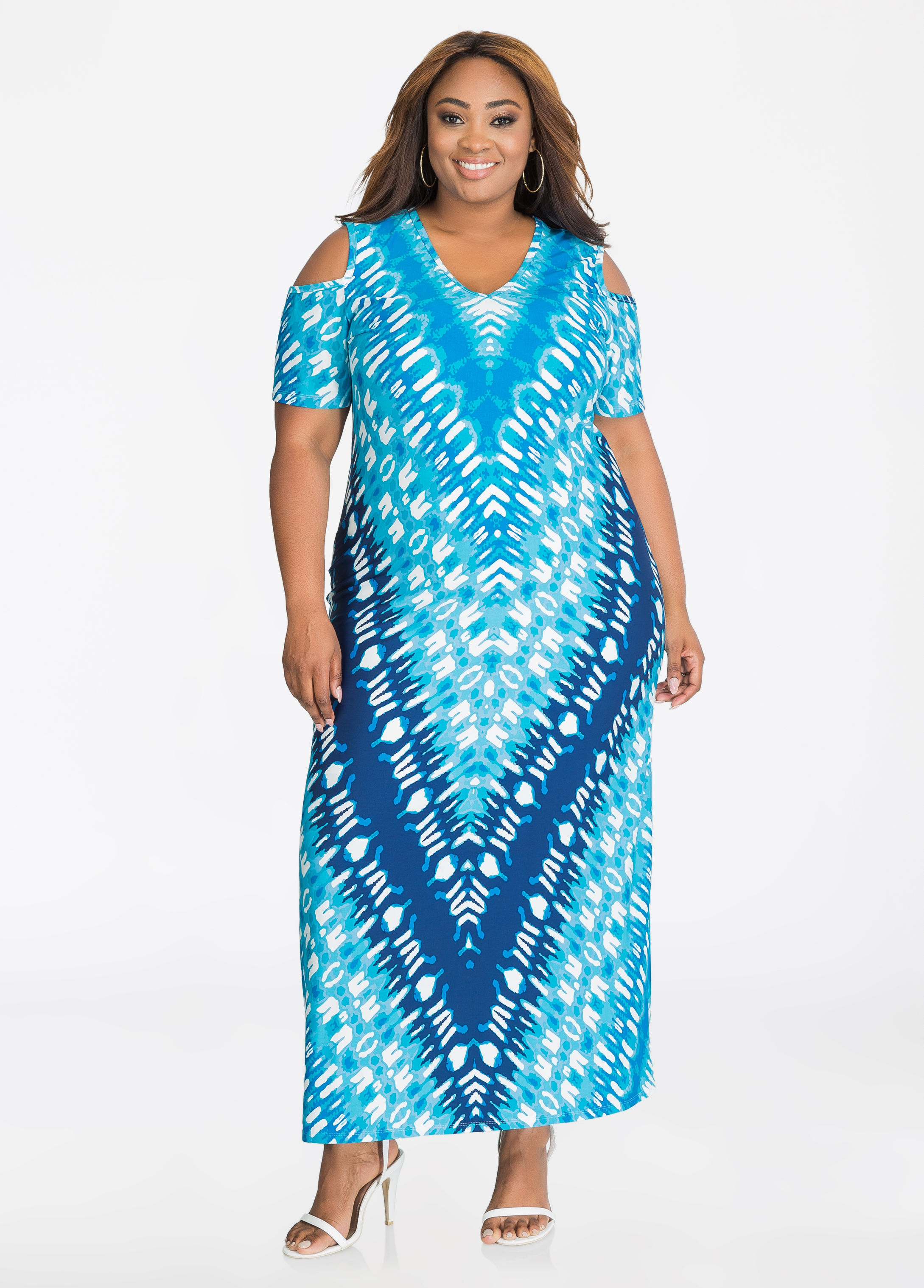 2178x3035 Buy Watercolor Tribal Print Cold Shoulder Maxi Dress Princess Blue