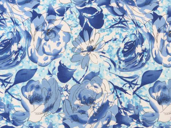 600x450 Blue Watercolor Flowers Printed Poly Cotton Fabric