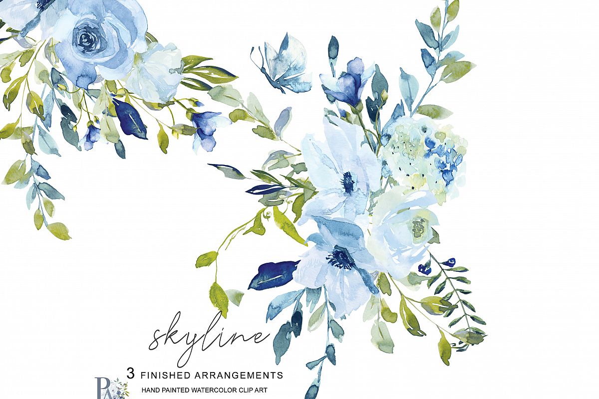 1200x800 Hand Painted Watercolor Light Blue And Green Florals Clipart