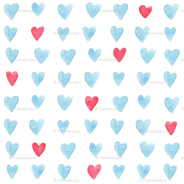600x600 4 Red And Blue Watercolor Hearts Fabric