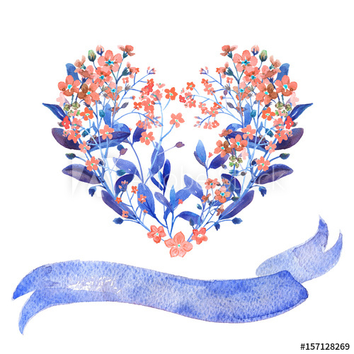 500x500 Watercolor Heart Shaped And Ribbon Set. Red Forget Me Nots With