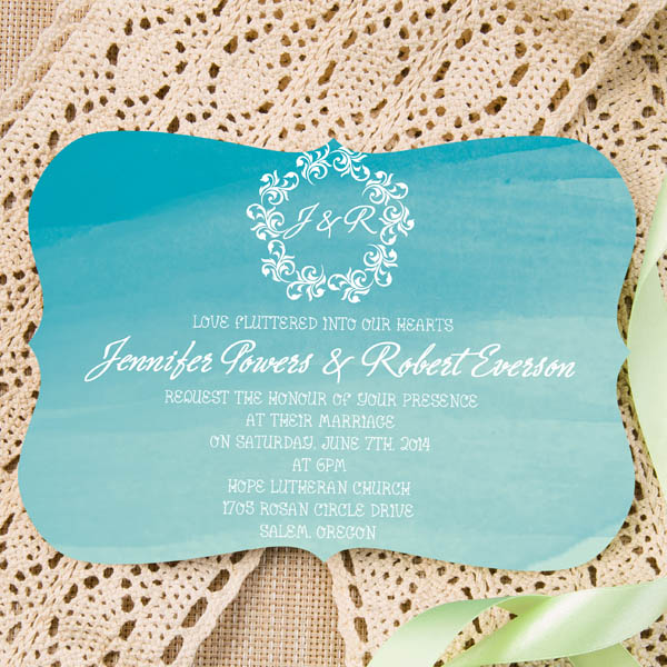 600x600 Ombre Blue Bracket Shaped Beach Watercolor Wedding Invitations For
